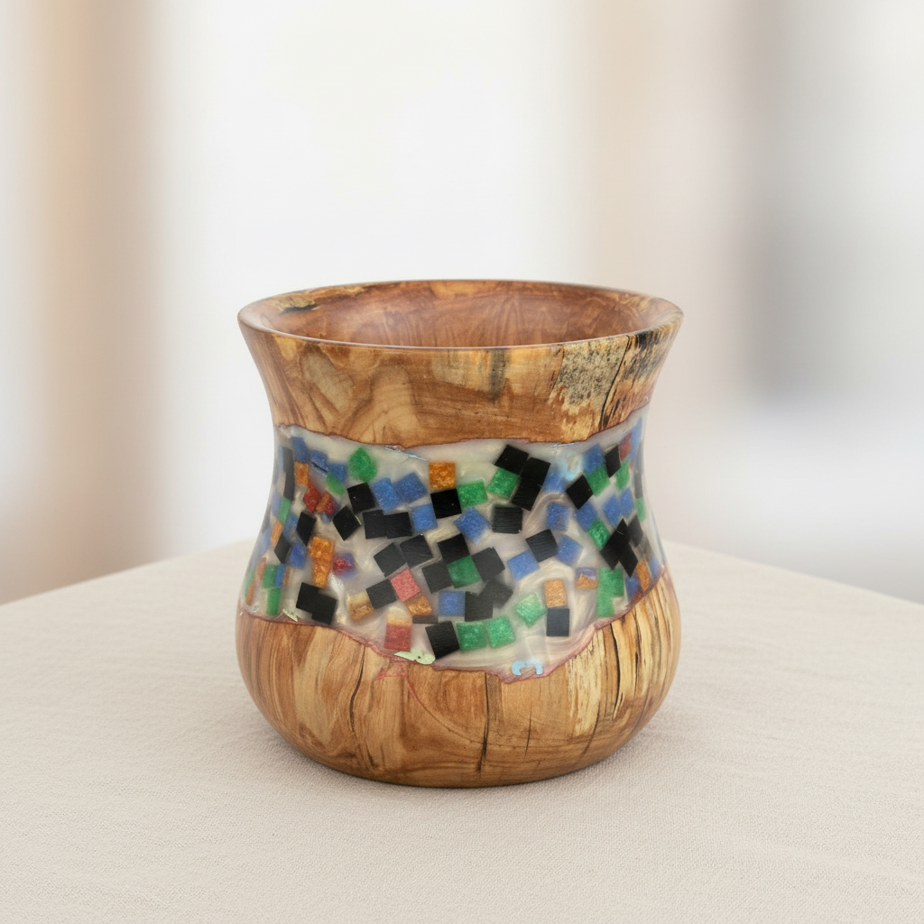 Hand-Turned Spalted Birch Wood Bowl with Mosaic style