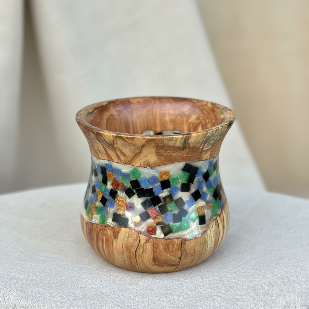 Hand-Turned Spalted Birch Wood Bowl with Mosaic style