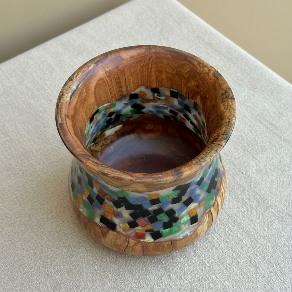 Hand-Turned Spalted Birch Wood Bowl with Mosaic style