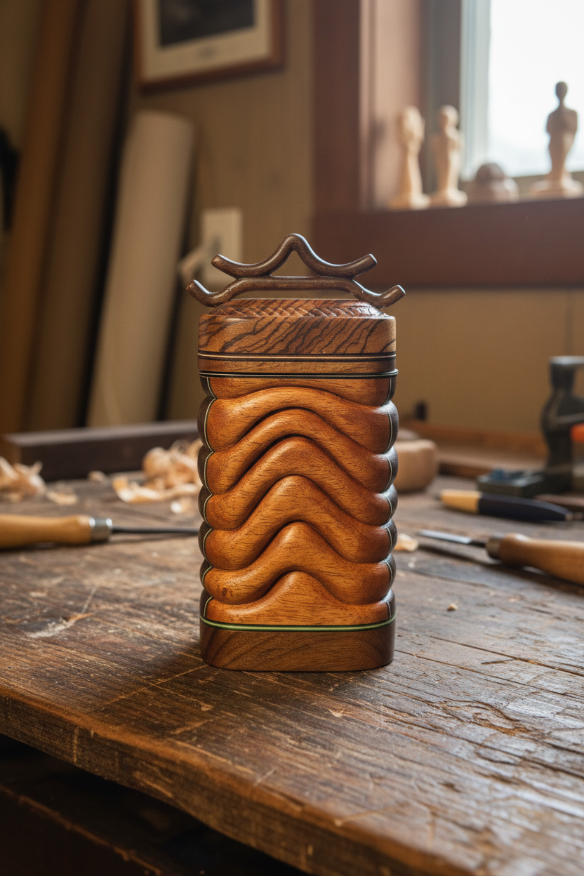 Stacked Wood Keepsake Box – Zebrawood Lid with Pagoda Handle 3 1/2"