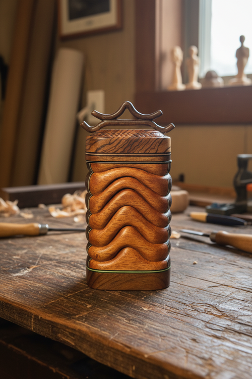 Stacked Wood Keepsake Box – Zebrawood Lid with Pagoda Handle 3 1/2"