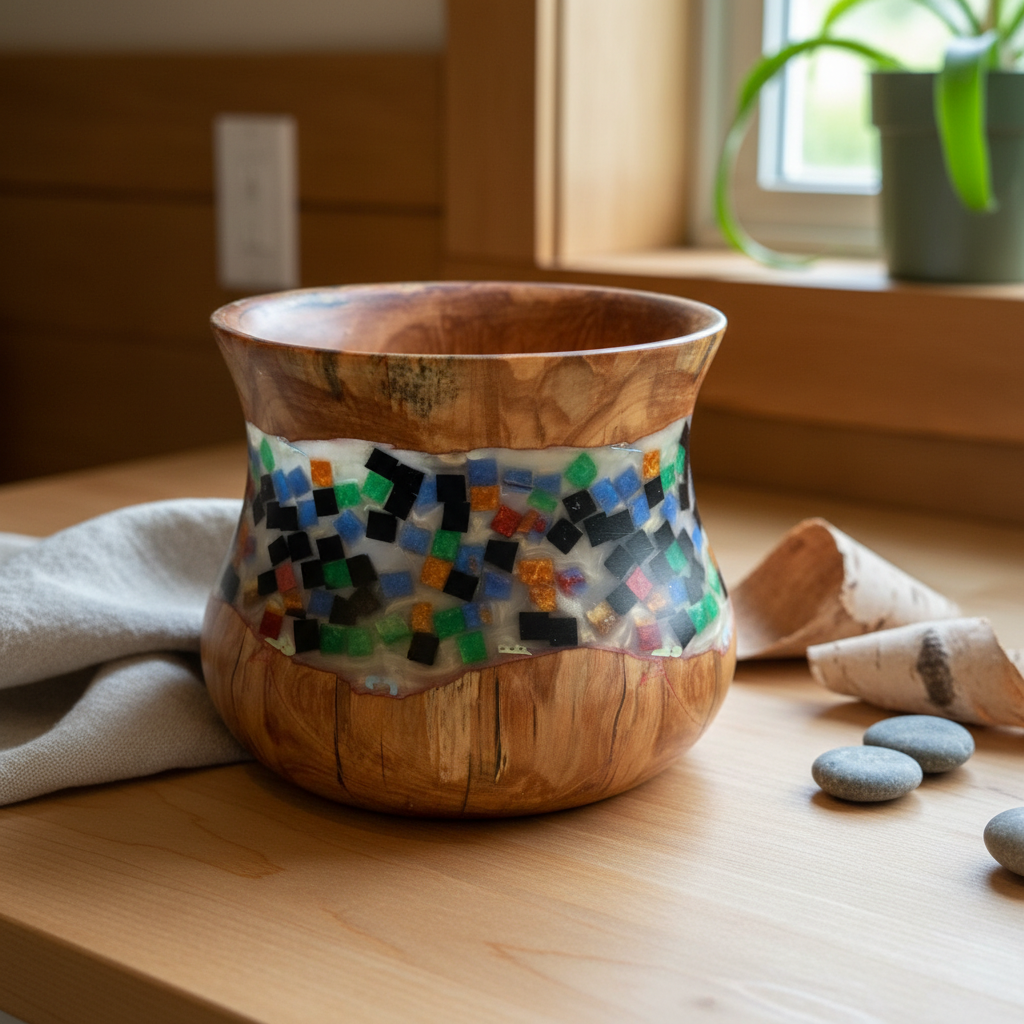Hand-Turned Spalted Birch Wood Bowl with Mosaic Style