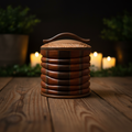 Stacked wood keepsake box - low angle lifestyle with candlelight bokeh