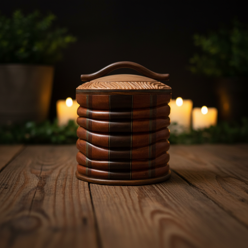 Stacked wood keepsake box - low angle lifestyle with candlelight bokeh