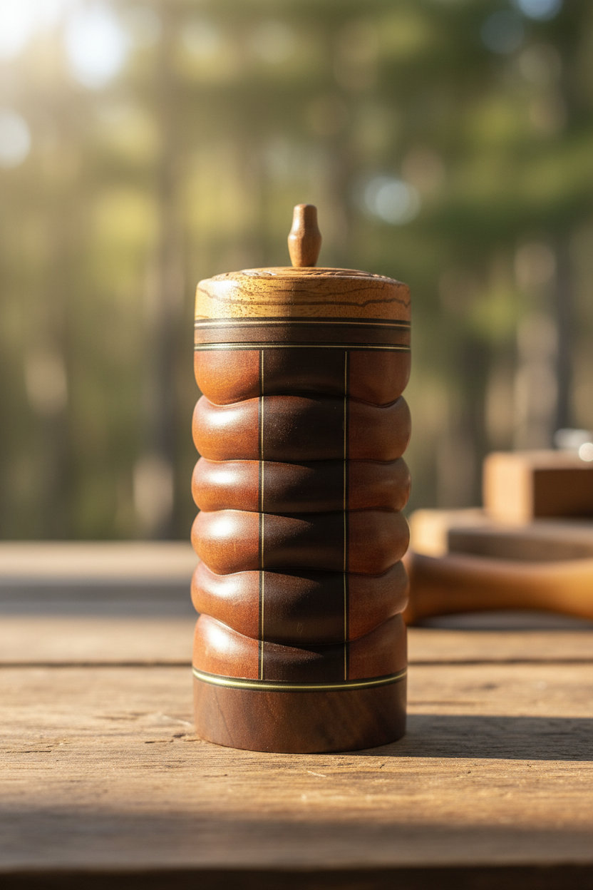 Handcrafted wooden cylindrical box with ridged walnut body and zebrawood lid, warm natural background