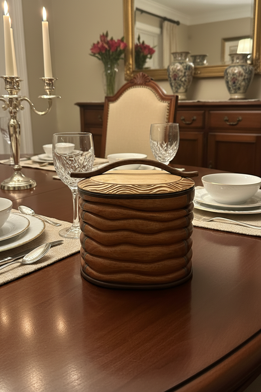 Stacked Wood Keepsake Box – Carved Fern Lid with Branch Handle