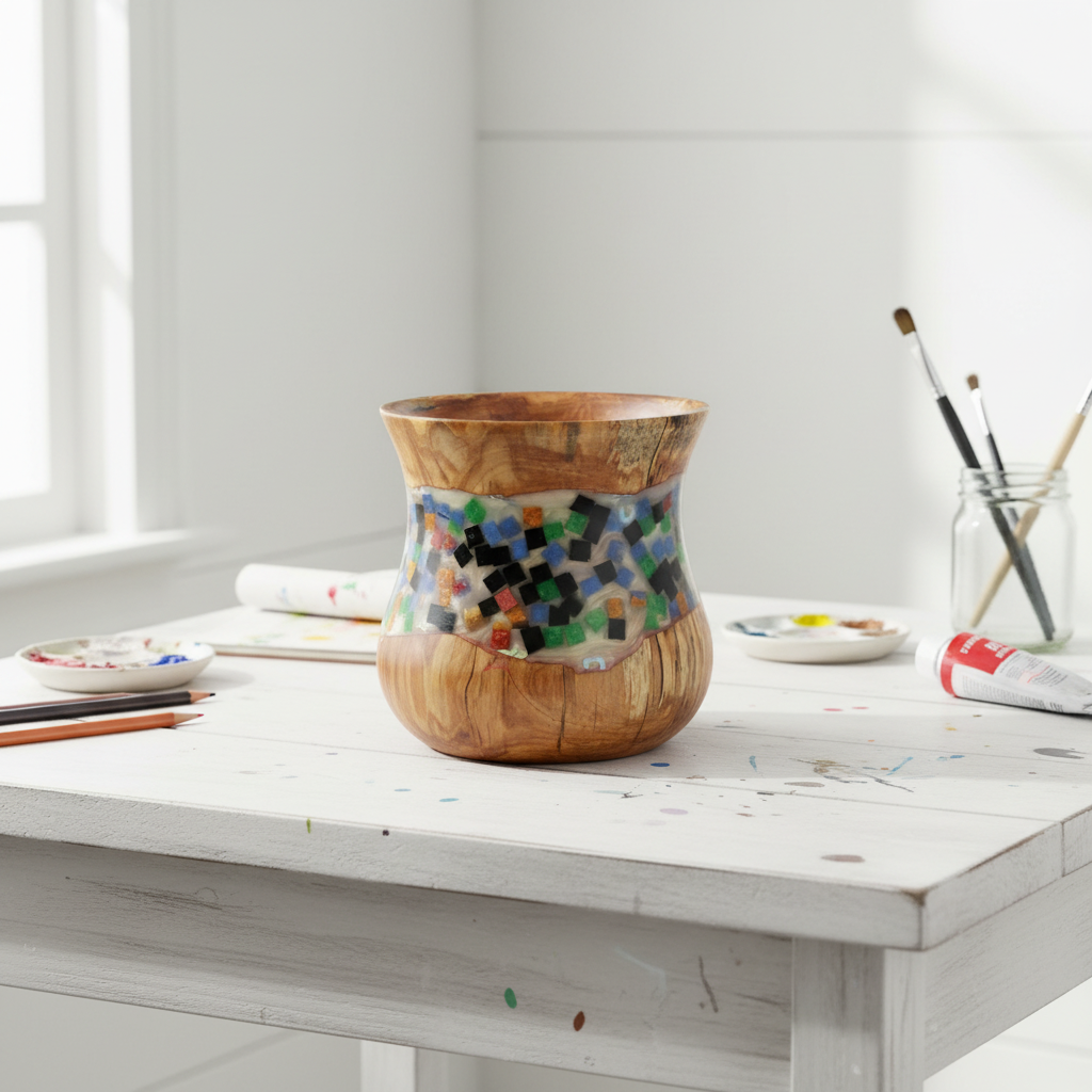 Hand-Turned Spalted Birch Wood Bowl with Mosaic style