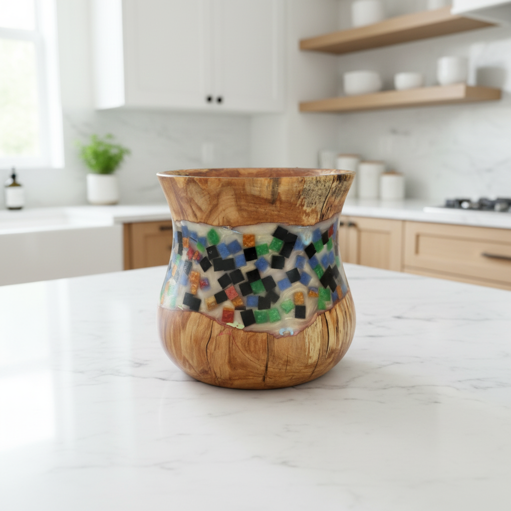 Hand-Turned Spalted Birch Wood Bowl with Mosaic style