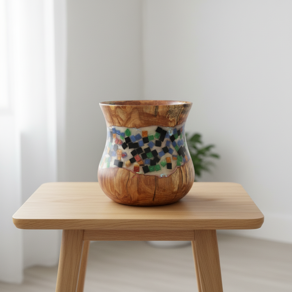 Hand-Turned Spalted Birch Wood Bowl with Mosaic style