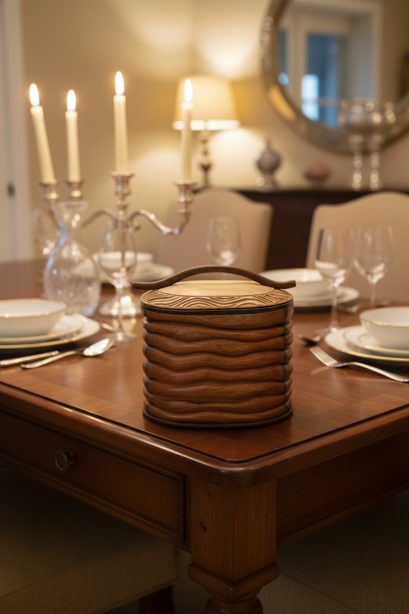 Stacked Wood Keepsake Box – Carved Fern Lid with Branch Handle
