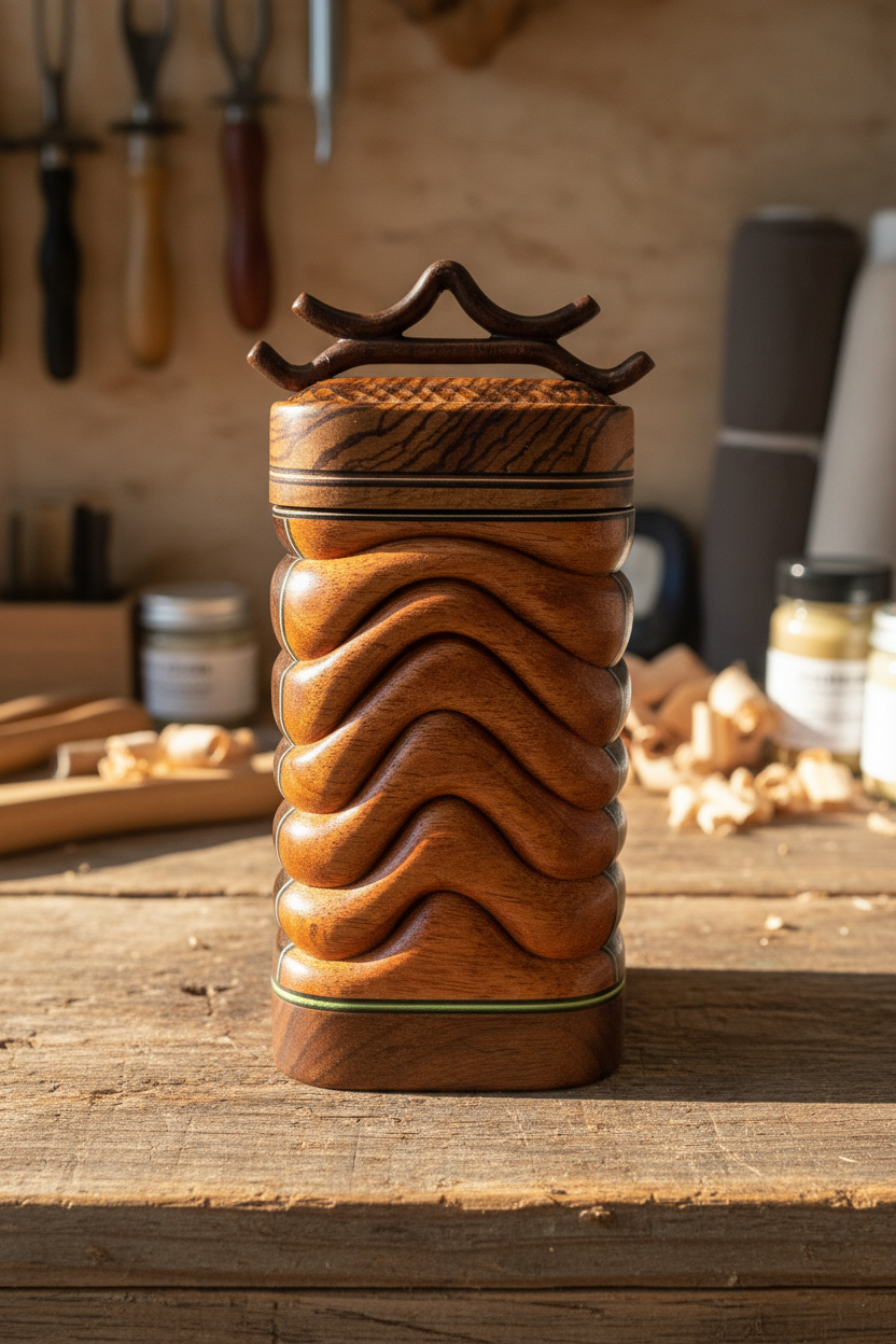 Stacked Wood Keepsake Box – Zebrawood Lid with Pagoda Handle 3 1/2"
