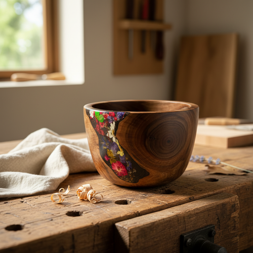 Walnut Crotch Bowl with Dried Flower Resin Inlay in natural setting